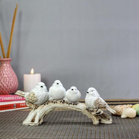 White Resin Love Birds on Tree Branch - Set of 4 Bird Statues for Tabletop & Shelf Decor