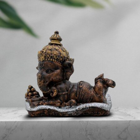 Ganesha on Conch Shell Statue - Metal Gold Accents Decorative Figurine for Pooja Room & Meditation