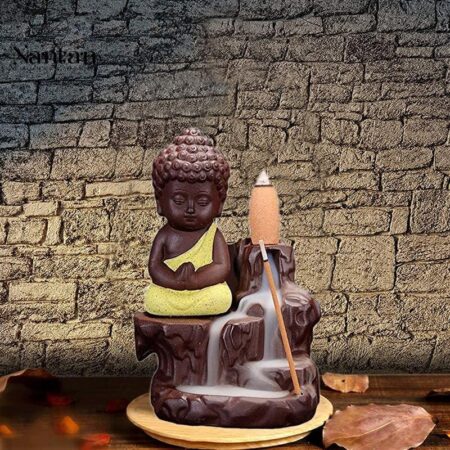 Figurine Little Meditating Buddha Backflow Smoke (Free 10 Cones), Fountain Incense Burner Holder, Idol (7 x 7 x 12 cm)(Style-56)