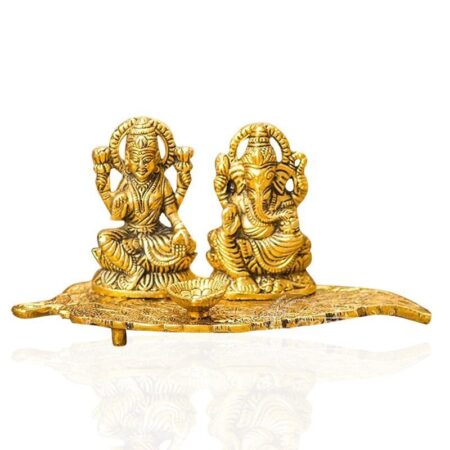 Brass Lakshmi Ganesha Diya Holder on Leaf Puja Plate GoldTone Hindu Deity Statue with Diya for Temple & Home Altar decor, Diwali & Housewarming Gift