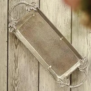 Aluminium Silver Serve Tray with Leaf Handle for Center Table Centerpiece Serving Platter for Home Decor Kitchen Dining Room Table | Serveware Plater for Sweets, Cookies