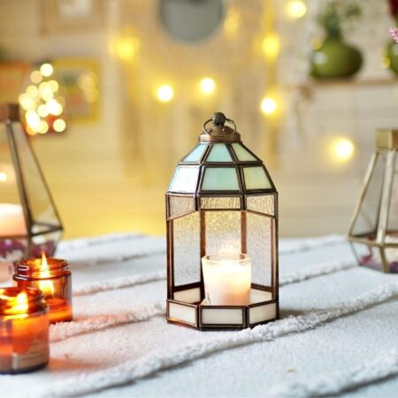 Hut Temple Lantern For Home Decoration For Table-Top, Wall-Hanging, Modern Candle & Tealight Holder Gifting, Antique Brass Finish And Stained Glass (Only Lantern)