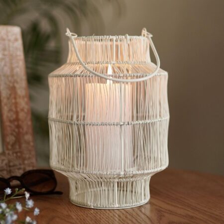 Mesh Metal Lantern for Home Decoration Indoor Outdoor, Boho Style Decorative Lantern for Table-top and Pillar Candle Holder, White Colour One Piece