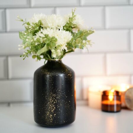 Metal Flower Vase for Home Decor Bedroom Living Room Office Wedding | Table Decorative Item for Festivals Birthday Spotted Black (10.5 x 15.7 CM) (Flower not Included)