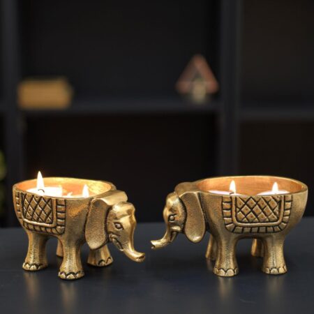 Aluminium Elephant for Good Luck | Statue for Tabletop Living Room Office | Candle Holder Gift Showpiece for Valentine's Day, Birthday (Candles/Plants Etc Not Included, Set of 1, Golden)