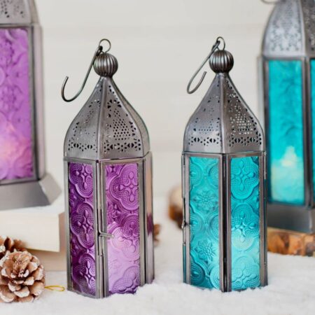 Moroccan Lanterns for Home Decoration Purple and Blue Textured Glass | Showpiece for Home Decor Living Room Study Room Table Hanging Lantern Lamp | Set of 1 Nickle Black Small