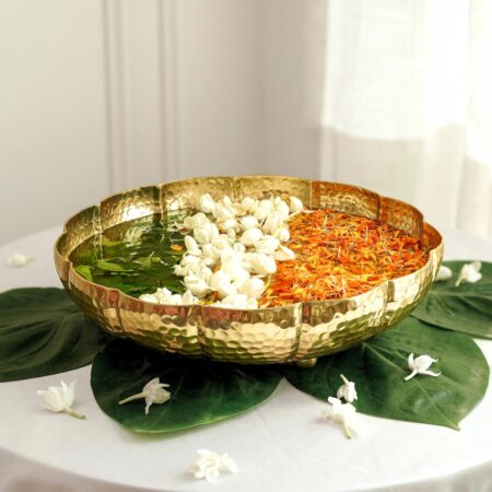 Golden Aluminium Lotus Design Urli Indoor Outdoor Center Table Flower Decorative Bowl for Home Decor, Urali for Diwali Gift & Navratri & Durga Pooja, Deepawali Decoration