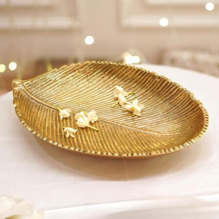 Metal Leaf Shape 11 inches Tray for Home Decor Gifting Item | Navratri Pooja & Diwali Decorative Item for Living Room Dining Ofice Center Table | Golden, Medium Size (Only Tray Included)