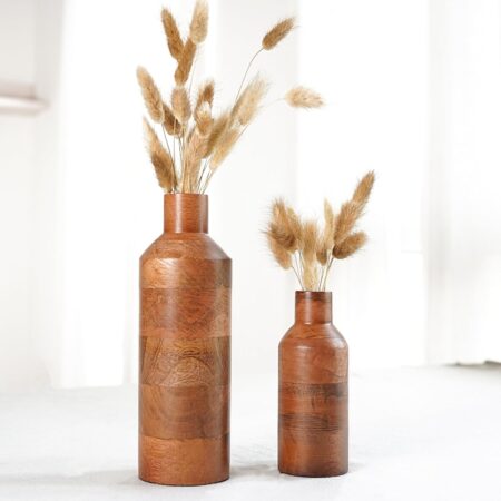 Wooden Flower Vase Set of 1, Bottle Shape Mango Wood Vases for Flowers for Decor Home Living Room Kitchen Office, Walnut Brown Finish