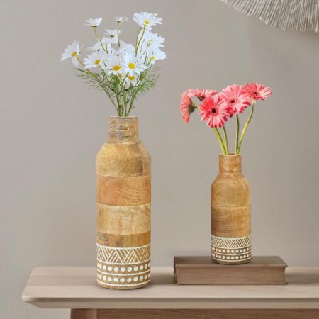 Boho Engraved Design Wooden Flower Vase Set of 1, Bottle Shape Mango Wood Vases for Flowers for Decor Home Living Room Kitchen Office, Natural Light Brown Finish