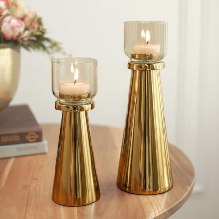 Handcrafted Golden Tea Light Candle Holders | Premium Metal & Glass Candle Stand | Table Centerpiece for Living Room, Coffee Tables & Diwali Gift Home Decor (Candles Not Included)