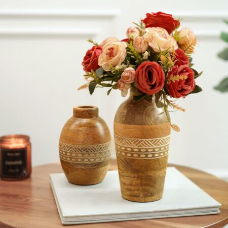 Flower Vase, Mango Wood Flower Vases, Bottle with Etching, for Decor Home Living Room Kitchen Office, Diwali Decoration