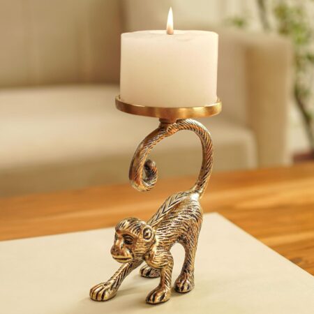 Metal Monkey Pillar Candle Holder Stand for Home Decor | Tabletop Showpiece in Aluminium with Brass Finish for Birthday, House Warming Gifting - Gold (Candle Not Included)