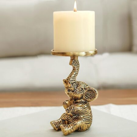 Aluminium Elephant Pillar Candle Holder Statue for Home Decor | Tabletop Showpiece for New Home Diwali Ganpati Decoration |Gift Article for Housewarming Gold (Candle Not Included)