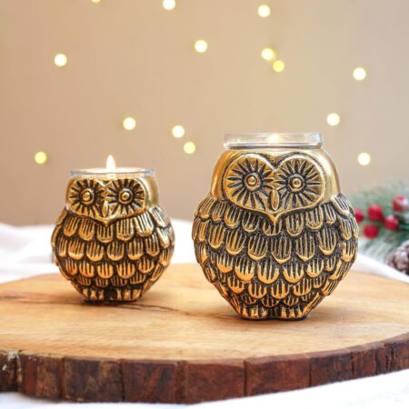 Aluminium Owls with Votives Set of Mother & Child, Statue for Home Decor Tabletop Living Room, Candle Holder Gift Showpiece for Mothers Day, Birthday, Anniversary, Votives Candle