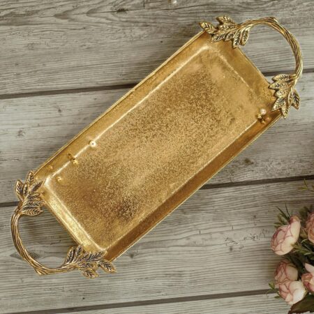Aluminium Golden Serve Tray with Leaf Handle for Center Table Centerpiece| Serving Platter for Home Decor Kitchen Dining Room Table| Serveware Plater for Sweets, Cookies, Dry Fruits