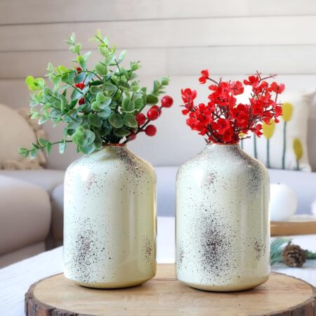 Metal Flower Vase for Home Decor Bedroom Living Room Office Wedding | Table Decorative Item for Festivals Birthday Off White Spotted (10.5 x 15.7 CM) (Flower not Included)