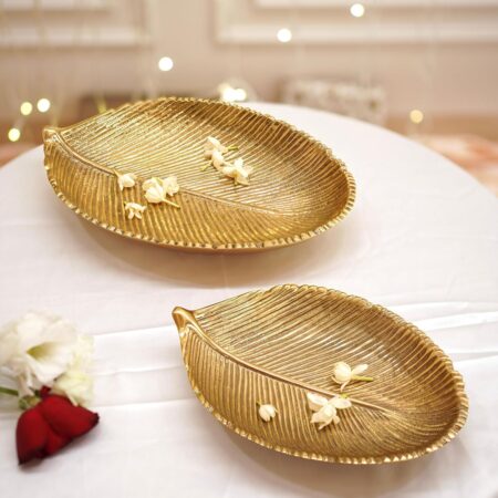 Metal Leaf Shape 11 inches Tray for Home Decor Gifting Item | Durga Pooja & Diwali Decorative Item for Living Room Ofice Center Table | Golden,
