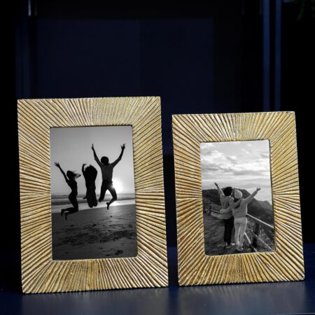 Antique Golden Metal Rectangular Photo Frame Set With Sunburst Design, Decorative Frames For Wall, Table, Living Room, Bedroom, Best Gift For Home