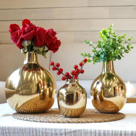 Glossy Golden Metal Flower Vase for Home Decor| Decoration Item for Living Room Office| Table Decorative Flower Pot for Gifting Diwali Ganpati Onam