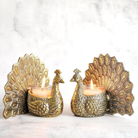 Aluminium Dancing Peacock Pair Figurine for Good Luck & Love | for Home Decor Tabletop Living Showpiece for Valentine's Day, (Scented Glass Votive Candle Included)