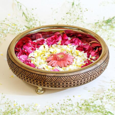 Wood & Metal Design Urli, Decorative Bowl For Home Decor | Uruli For Indoor Centre Table Flower Decoration | Wooden Urili Tray for Festival Diwali & Durga Pooja