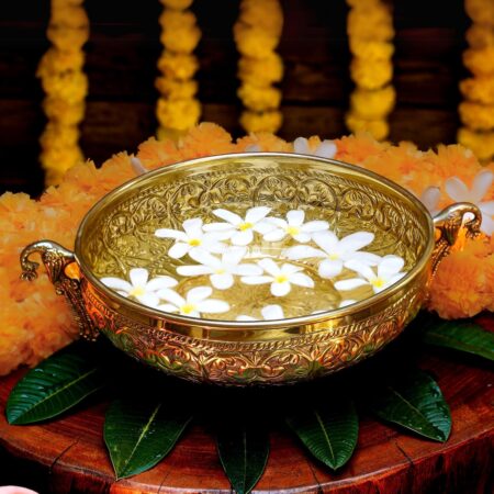Ethnic Carved Peacock Design  Brass Urli Bowl Golden Center Table Flower Decorative Bowl for Home Decor, Urali for Diwali, Durga Puja & Navratri Pooja Deepawali