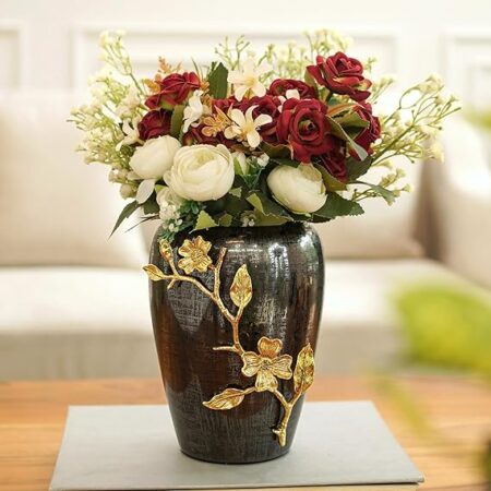Designer Stainless Steel Vase with Brass Dogwood Flower | Modern Design Flower Vase for Home Decor | Center Table Decorative Item for Living Room, Dining Table, Office, Bedroom | Black Textured