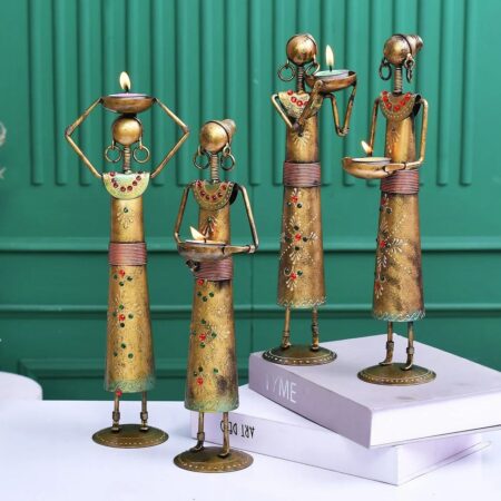 Decorative Metal Antique Labour Lady Showpiece Set | Handmade Art Sculpture for Living Room Decor