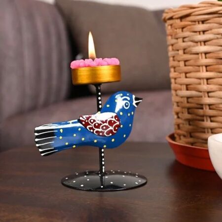 Decorative Metal Small Bird T Lite in Blue Color | Handcrafted Tealight Holder for Home & Table Decoration