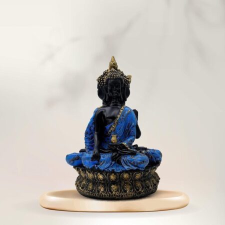 Buddha Statue Meditation Figurine, Black and Blue Resin, 34 cm 25.4 cm, Gold-Accented Lotus Base