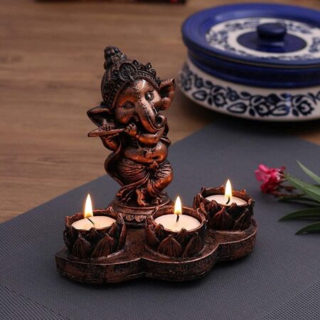 Copper Ganesh Idol with Tealight Candle Holder Traditional Indian Decorative Item for Home Office