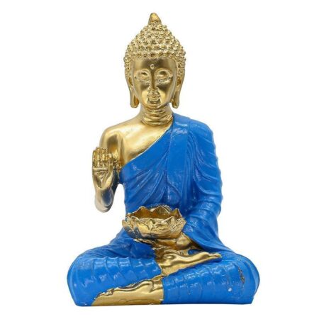 Buddha with Lotus Flower Statue, Blue Robe Gold Finish, 24.1 16.5 cm, Meditation Lotus Bowl