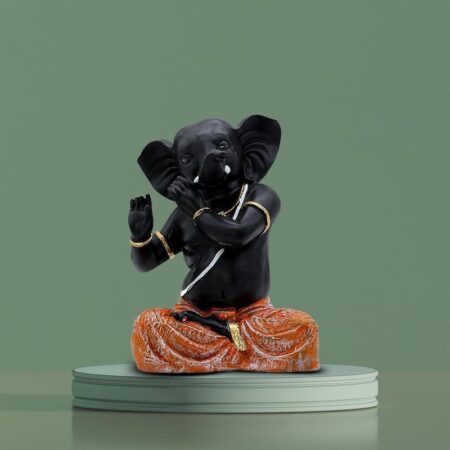 Black Lord Ganesha Idol in Dancing Pose Polyresin Ganpati Statue with Orange Dhoti for Home Temple Decor, Inch