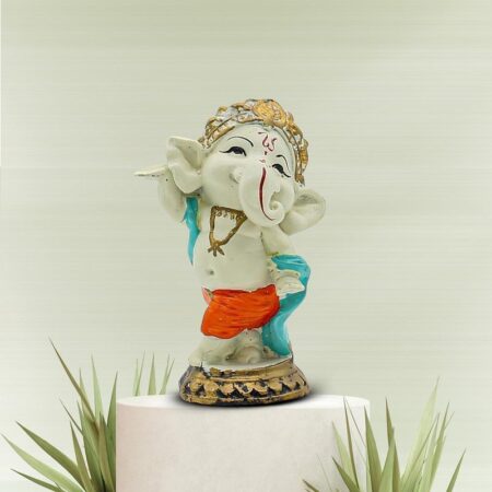 Dancing Baby Ganesha Idol Colorful Ganpati Statue in Orange Dhoti for Home Temple Decor, Car Dashboard Spiritual Gift Inch Polyresin