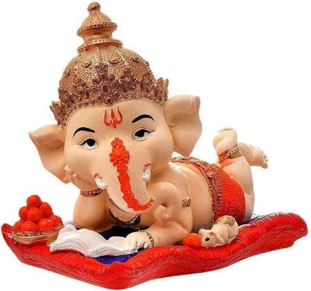 Baby Ganesha Idol Reading Book with Ladoo Cute Ganpati Statue for Home Temple Decor, Office Desk Gift, Orange Dhoti Polyresin Showpiece Inch