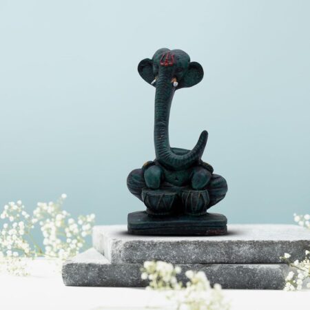 Abstract Long Trunk Ganesha Idol Matte Black Ganpati Statue with Damru for Home Decor, Office Desk Gift Inch Modern Polyresin Showpiece