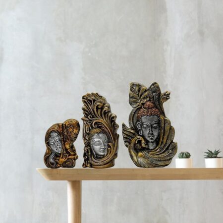 Decorative Buddha Statue Set of 3, Antique Gold and Silver Finish, 4.5-6.5 Inch Height