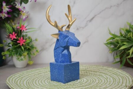 Blue Deer Head Sculpture with Gold Antlers Modern Home Decor Unique Gift Idea