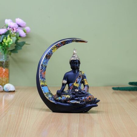 Decorative Buddha Statue on Crescent Moon, Black with Colourful Mosaic Pattern, 20 15 cm