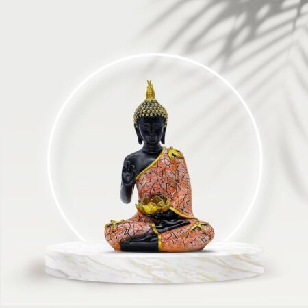 Decorative Buddha Statue with Lotus for Home Decor, Black and Orange Mosaic Design, 26.7 cm 17.8 cm