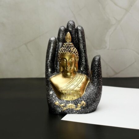Abhaya Mudra Resin Statue, Fearless Protection Decor for Living Room, Meditation Space Altar, Black Gold Buddha Hand Ornament