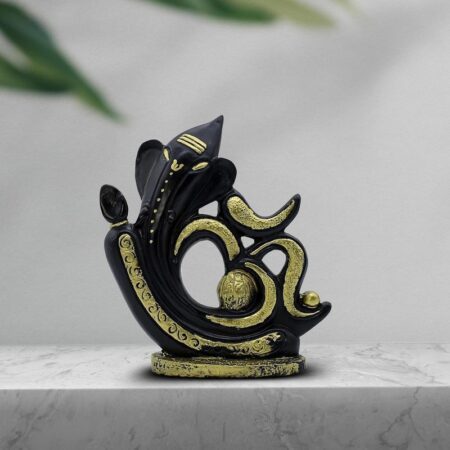 Black Gold Resin LordGanesha Statue with OM Script Decorative Puja Room Home Temple Idol, Spiritual Showpiece for Diwali, Ganesh Chaturthi Good Luck Gift