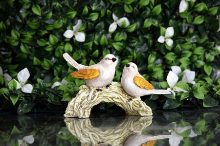 Adorable Bird Figurines on Branch White and Gold Decorative Statue for Home and Garden