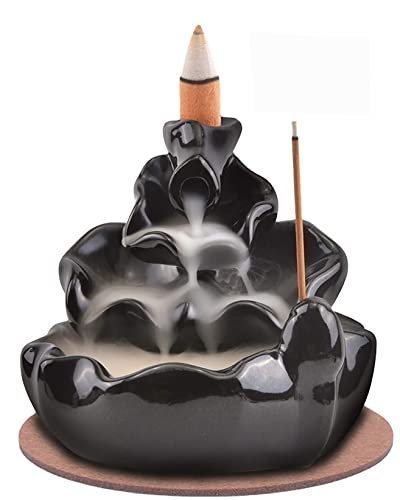 Black Ceramic Waterfall Backflow Incense Burner Lotus Leaf Design, Aromatherapy Incense Cone Holder for Home, Yoga Meditation Decor