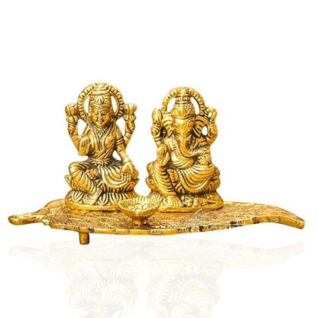 Brass Lakshmi Ganesha Diya Holder on Leaf Puja Plate GoldTone Hindu Deity Statue with Diya for Temple Home Altar Decor, Diwali Housewarming Gift