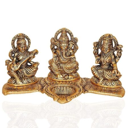 Brass Lakshmi-Ganesha-Saraswati Diya Holder on Leaf Plate Gold-Tone Hindu Trio Statues with Oil Lamp for Puja Room, Temple Home Decor, Diwali Wedding Gift