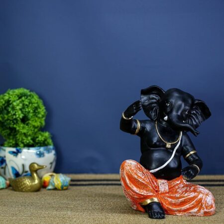 Black Lord Ganesha Idol with Orange Dhoti Polyresin Ganpati Statue for Home Decor, Pooja Room, Office Festive Gift Decorative Ganesh Murti Inch