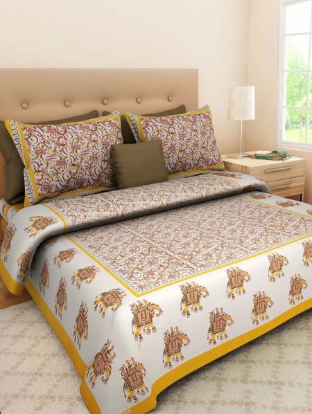 100% Cotton Printed Double Bedsheet with 2 Pillow Covers ? Soft, Breathable Ethnic Design Bed Linen
