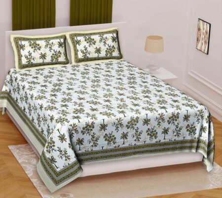 100% Cotton Jaipuri Print Double Queen Bedsheet Traditional Rajasthani Floral Block Print, Soft Breathable Ethnic Design